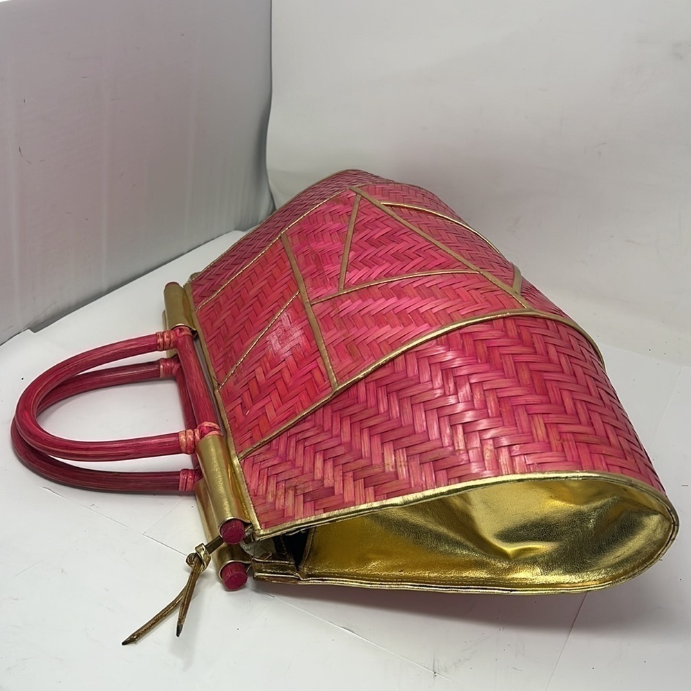 Pink Rattan Gold Lame Leather Zip Large Structured Handbag - Picture 7 of 16